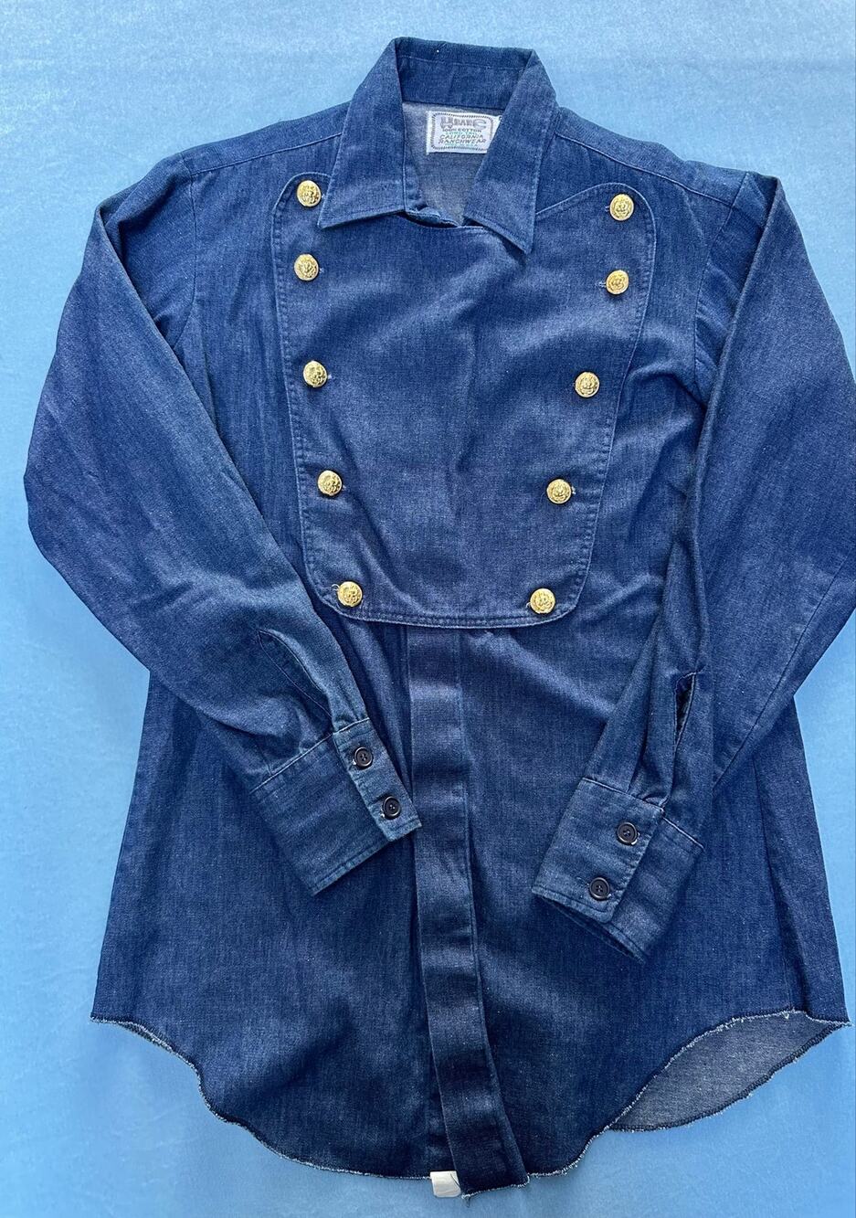 Vintage H Bar C Denim Bib Front Shirt Mens 15.5 35 Double Breasted Western Gold